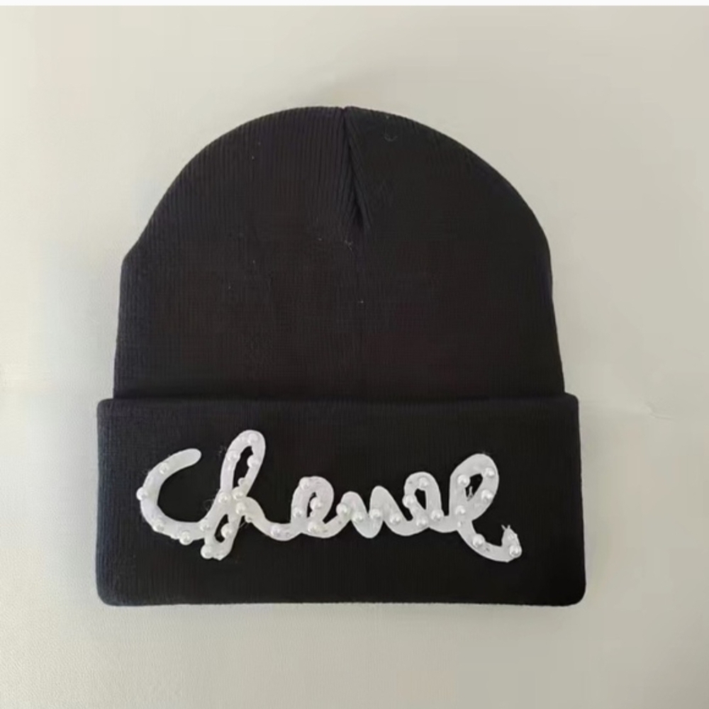 Black Knit Hat with White Embellished Logo
